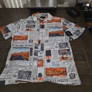 New Botton Up Shirt Men's Rayon Newspaper Print Route 66 Size L (42-44)